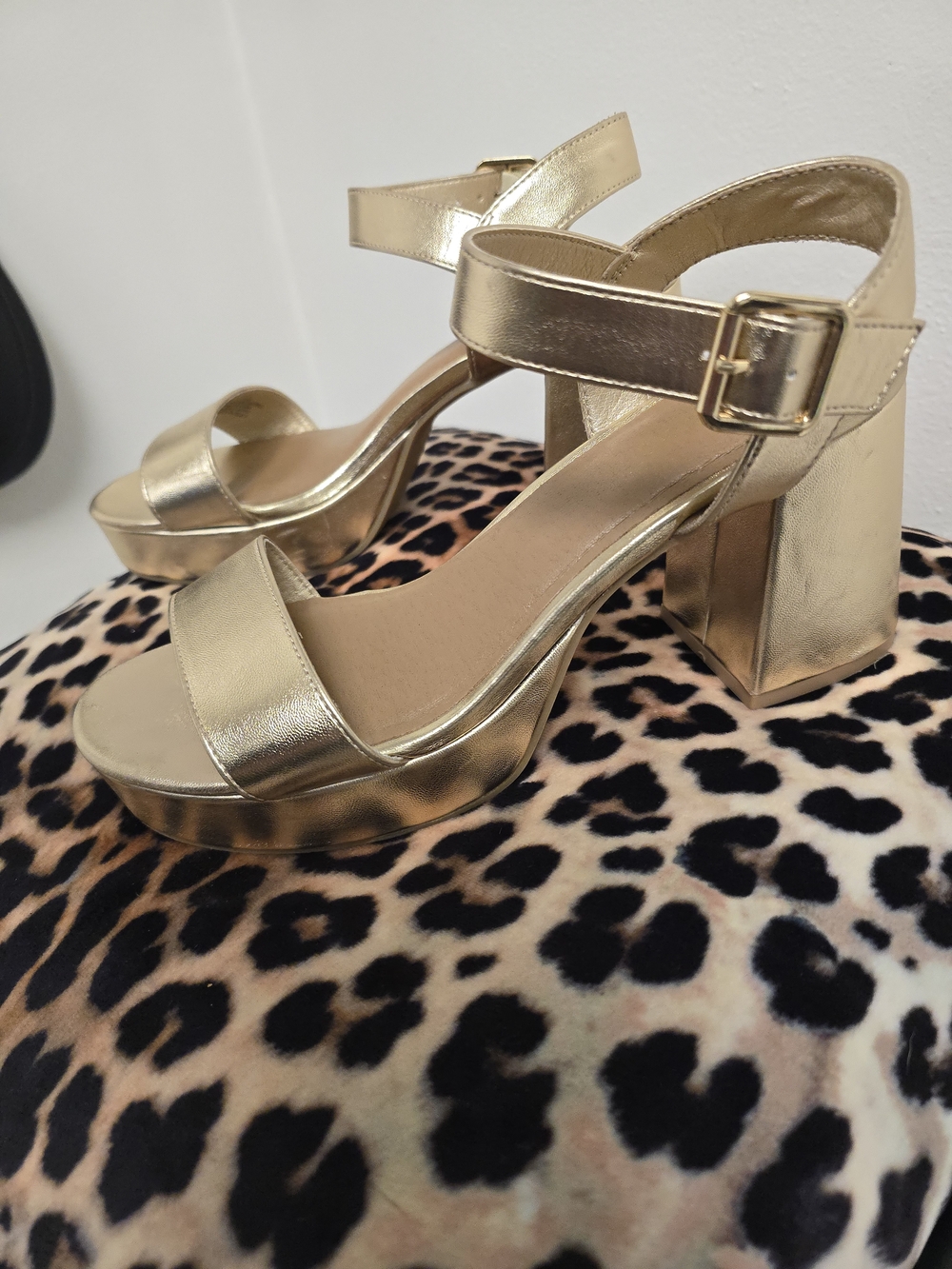 Metallic Gold Block Heel Ankle-Strap Sandals